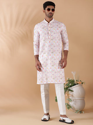 White Multi Printed Kurta For Men