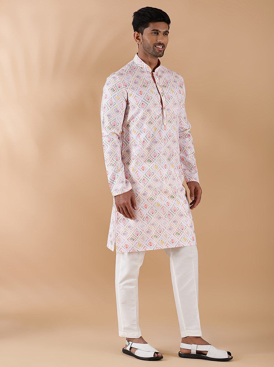 White Multi Printed Kurta For Men