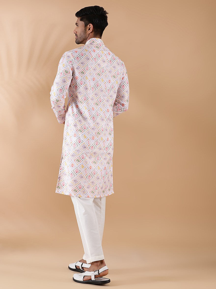 White Multi Printed Kurta For Men