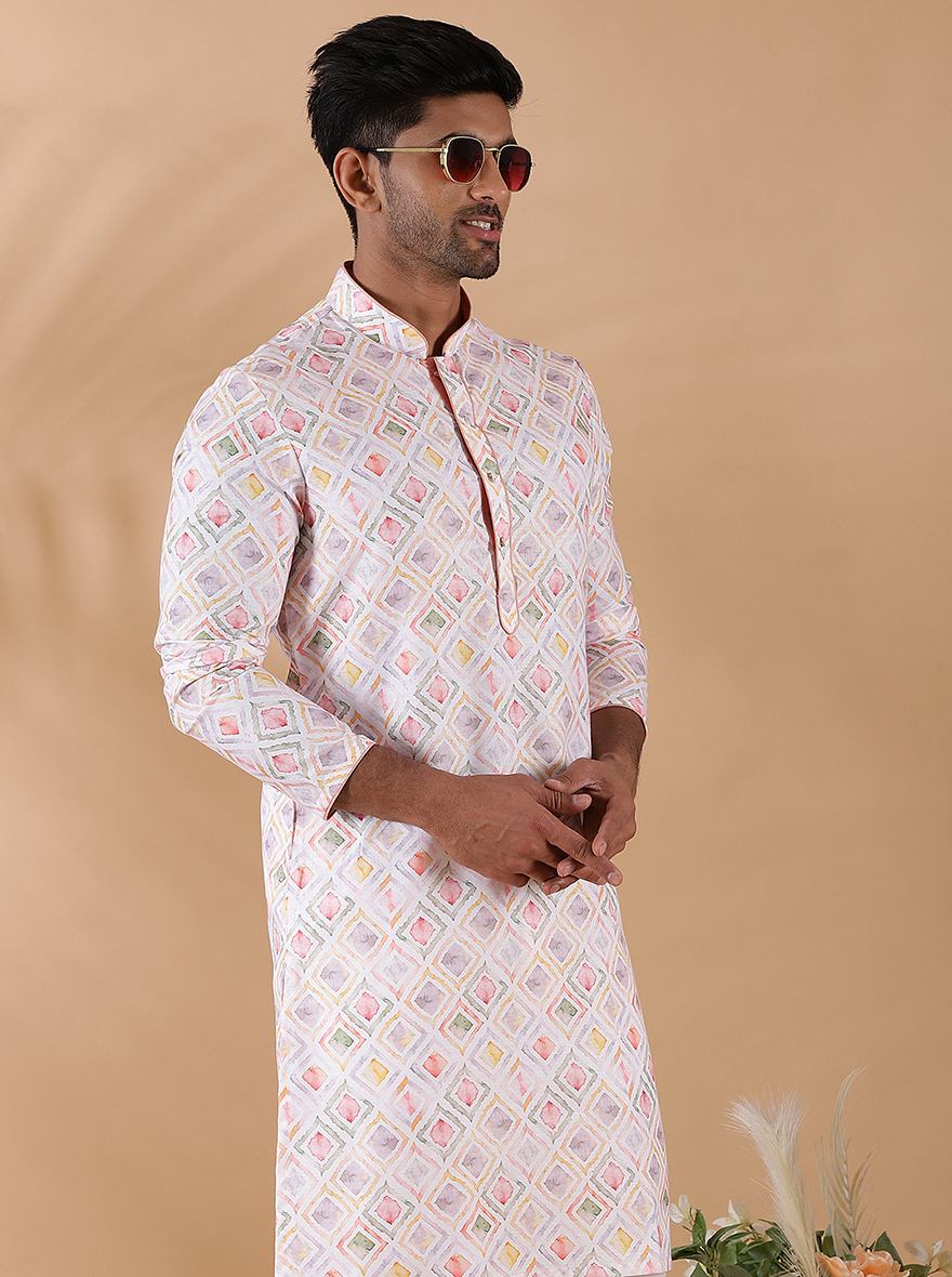 White Multi Printed Kurta For Men