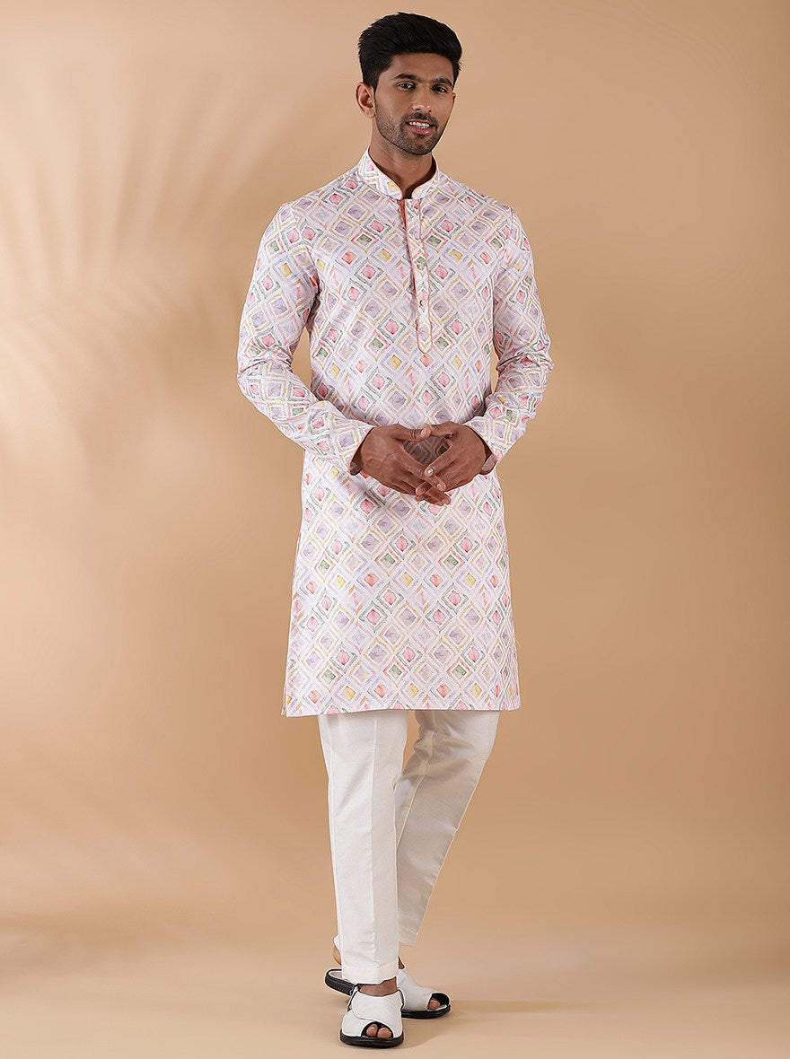 White Multi Printed Kurta For Men