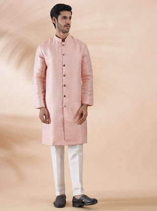 Coral Peach Self Design Kurta For Men