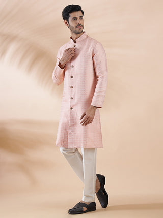 Coral Peach Self Design Kurta For Men