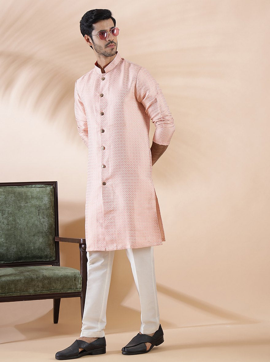 Coral Peach Self Design Kurta For Men