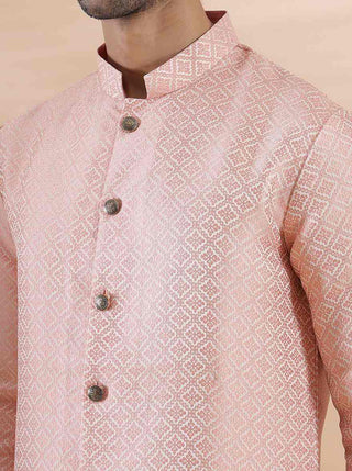 Coral Peach Self Design Kurta For Men