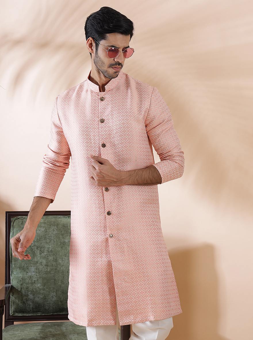 Coral Peach Self Design Kurta For Men