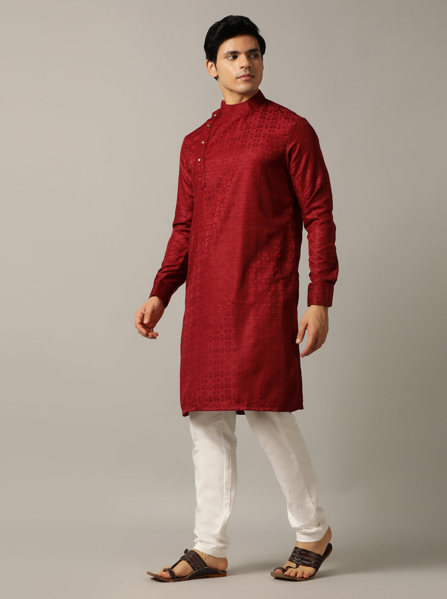 Maroon Self Design Kurta For Men