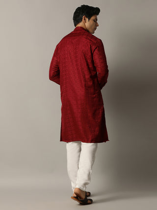 Maroon Self Design Kurta For Men