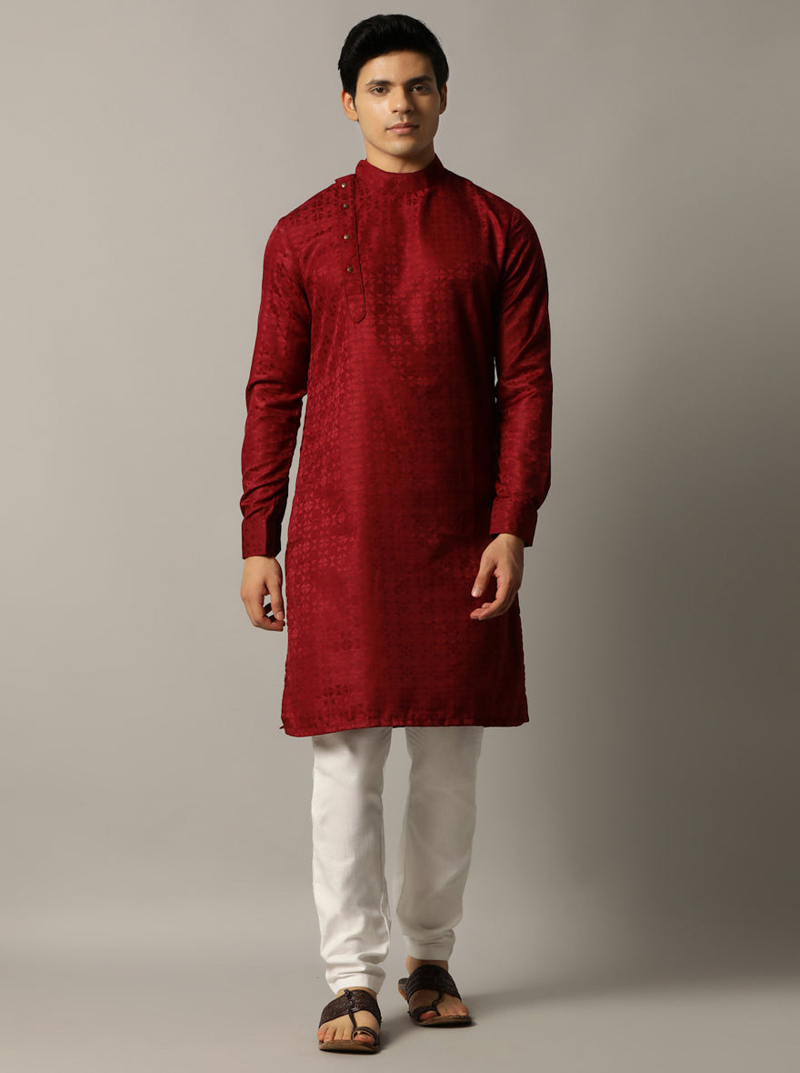 Maroon Self Design Kurta For Men