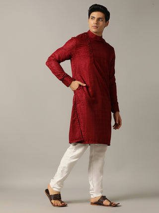 Maroon Self Design Kurta For Men