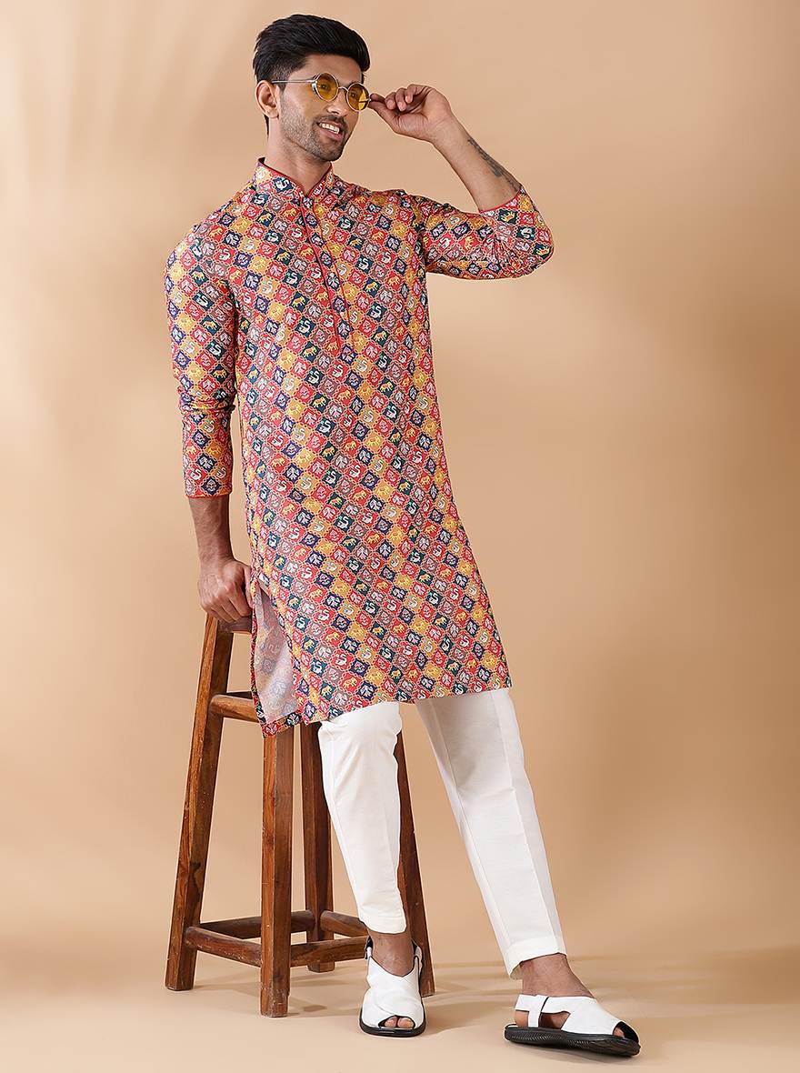 Red Multi Printed Kurta For Men