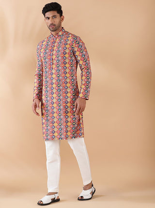 Red Multi Printed Kurta For Men