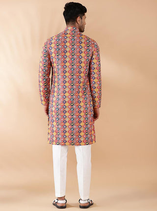 Red Multi Printed Kurta For Men