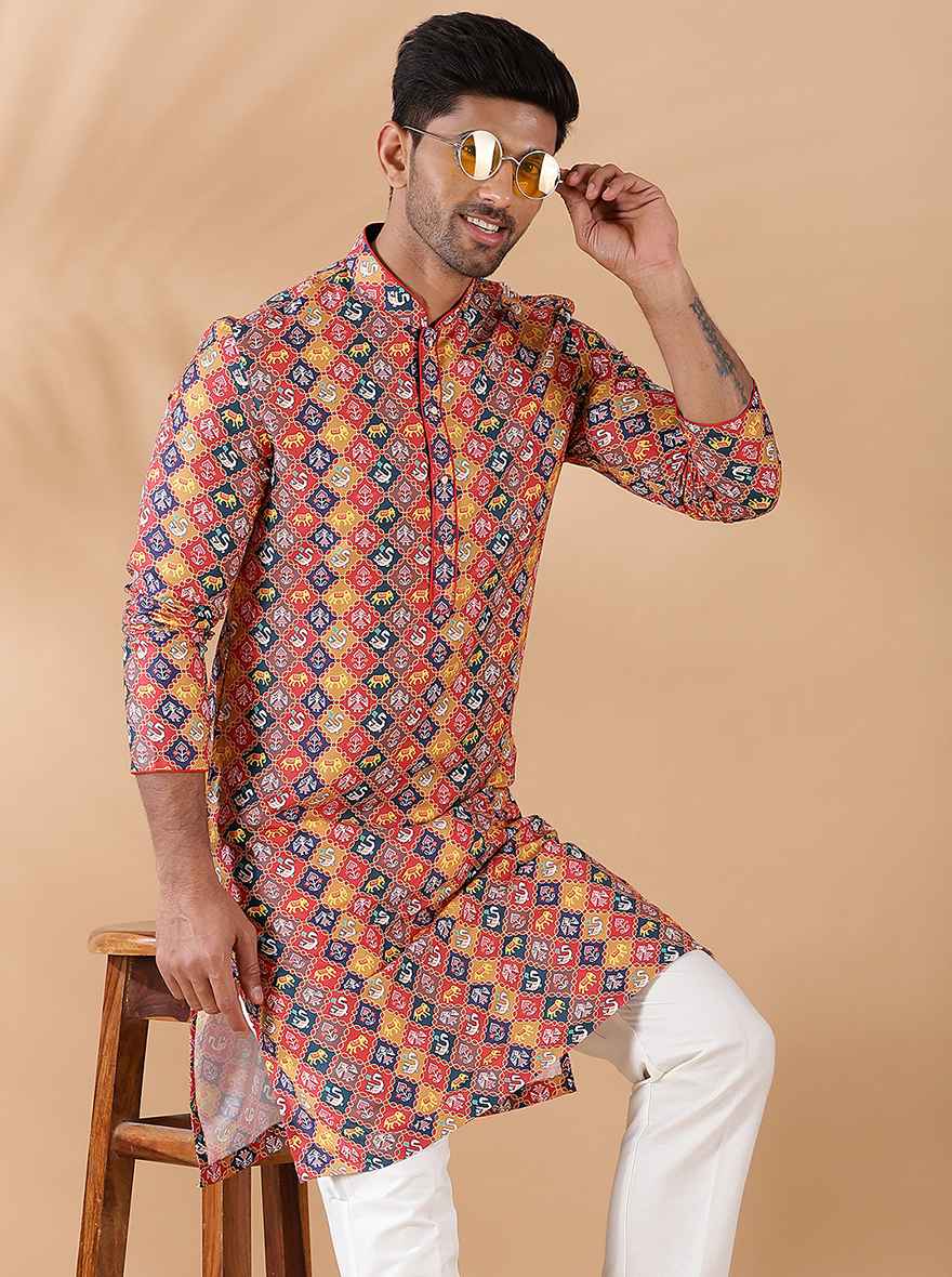 Red Multi Printed Kurta For Men