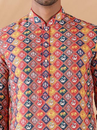 Red Multi Printed Kurta For Men