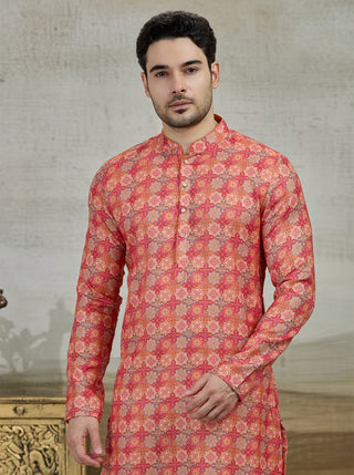 Orange Printed Kurta For Men