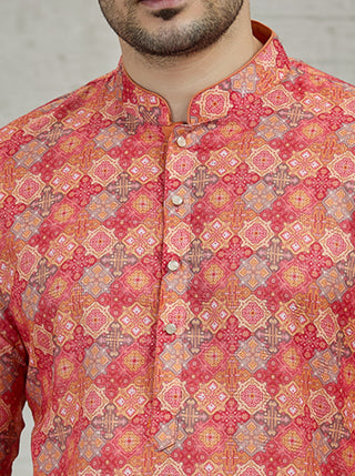 Orange Printed Kurta For Men