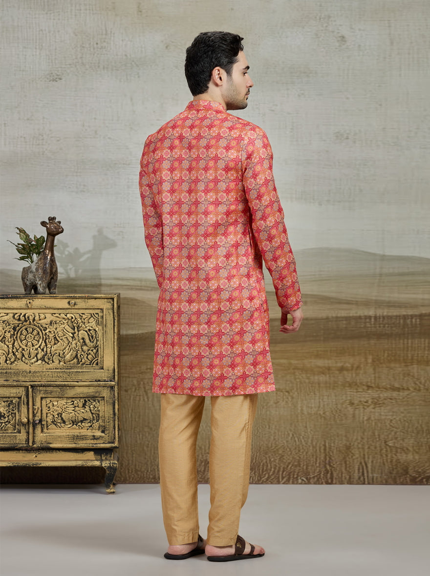 Orange Printed Kurta For Men