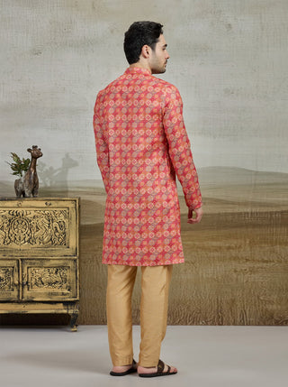 Orange Printed Kurta For Men