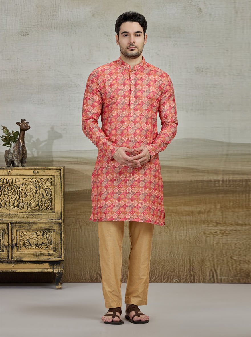 Orange Printed Kurta For Men