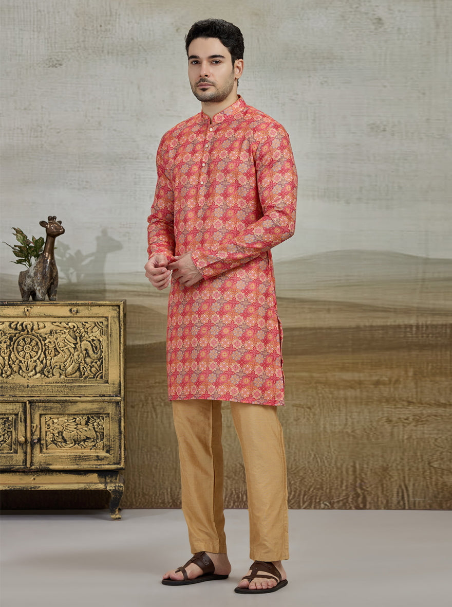 Orange Printed Kurta For Men