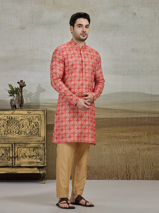 Orange Printed Kurta For Men