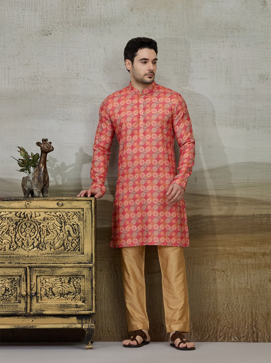 Orange Printed Kurta For Men