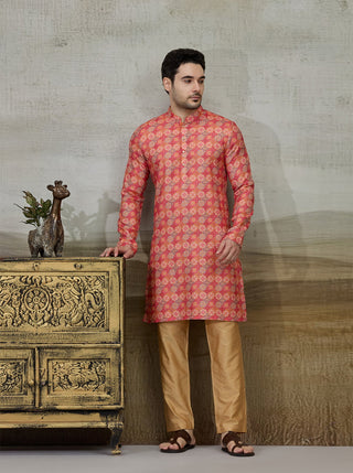 Orange Printed Kurta For Men