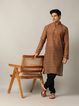 Grey & Red Printed Kurta For Men