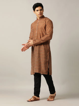 Grey & Red Printed Kurta For Men