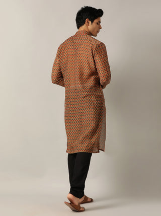 Grey & Red Printed Kurta For Men