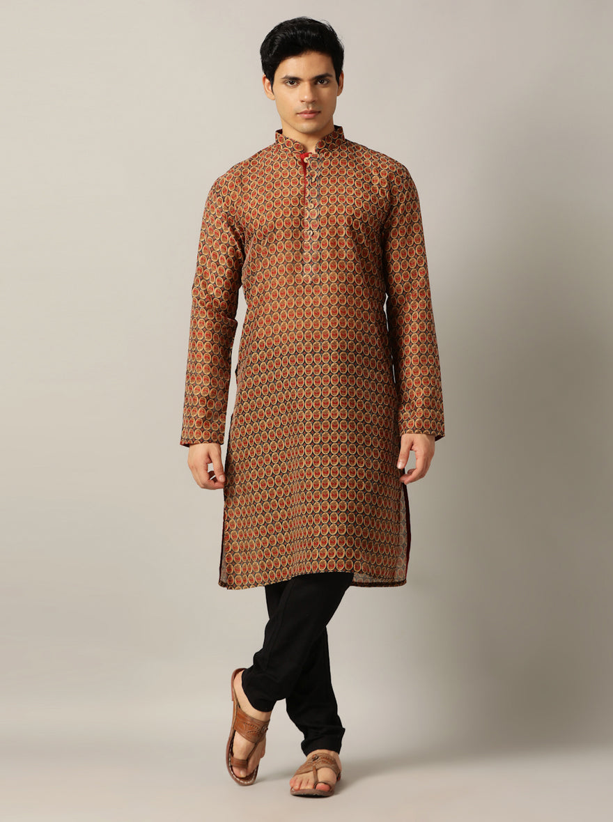 Grey & Red Printed Kurta For Men