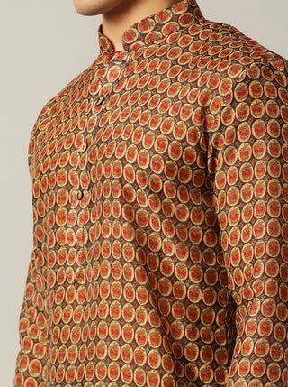 Grey & Red Printed Kurta For Men