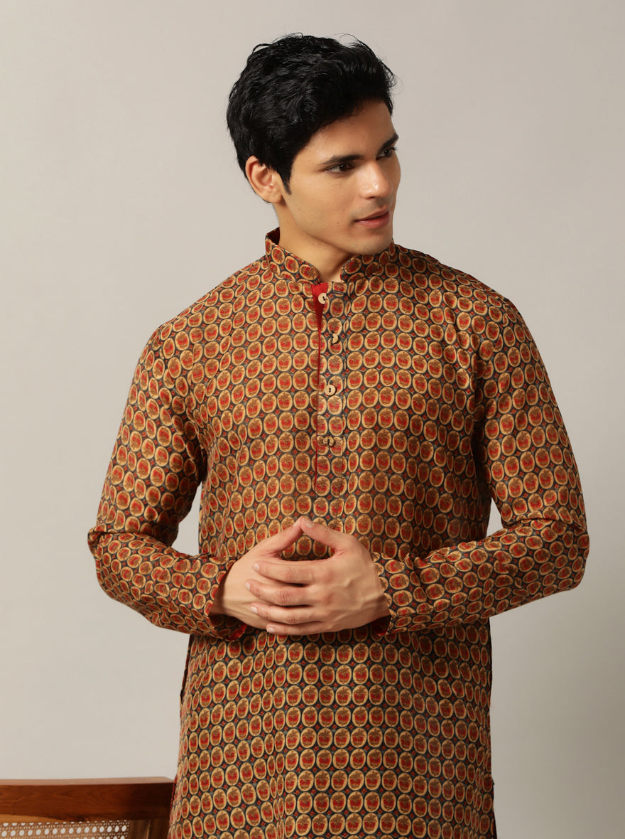 Grey & Red Printed Kurta For Men