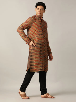 Grey & Red Printed Kurta For Men