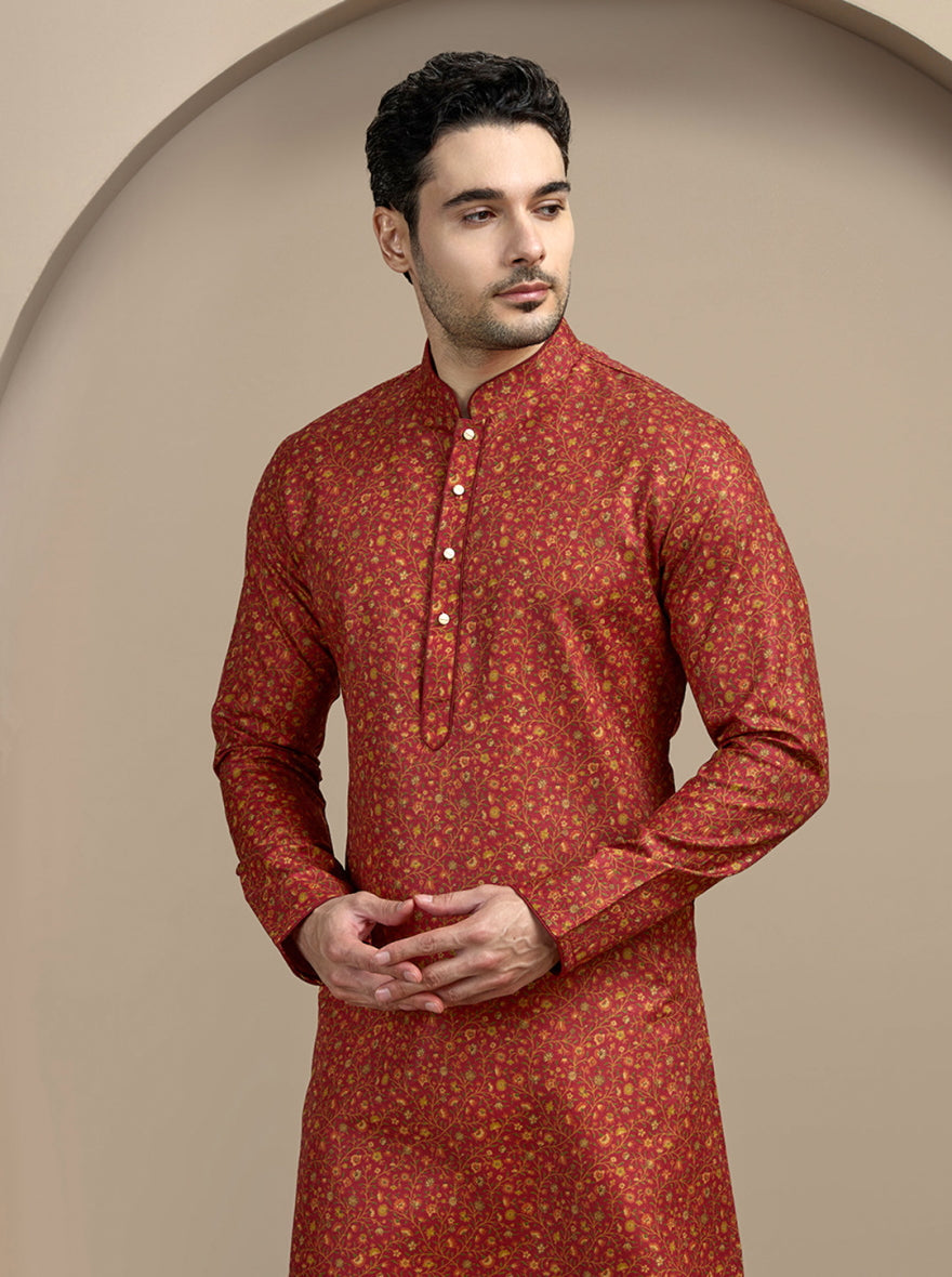 Dark Red Printed Kurta For Men