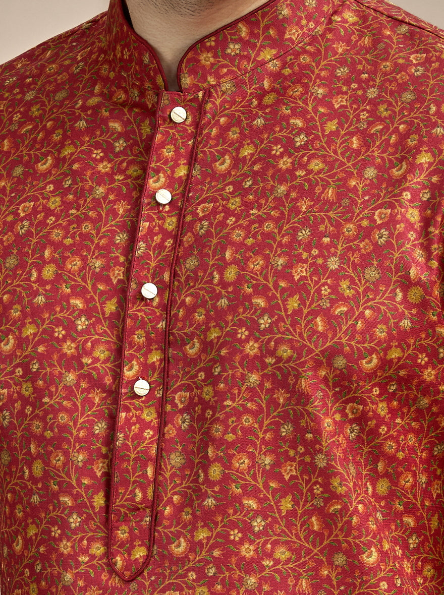 Dark Red Printed Kurta For Men