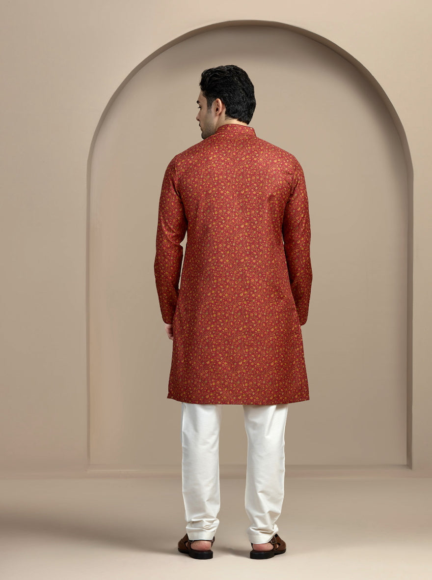 Dark Red Printed Kurta For Men