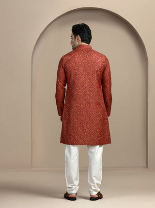 Dark Red Printed Kurta For Men