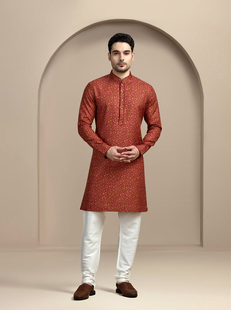 Dark Red Printed Kurta For Men