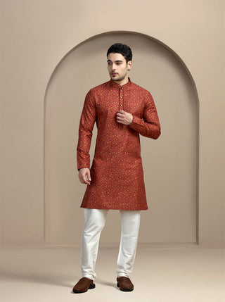 Dark Red Printed Kurta For Men