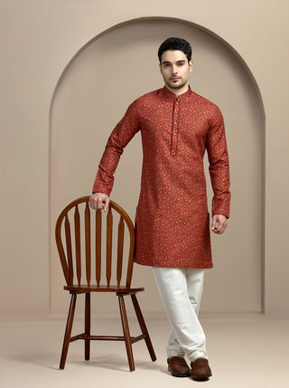 Dark Red Printed Kurta For Men