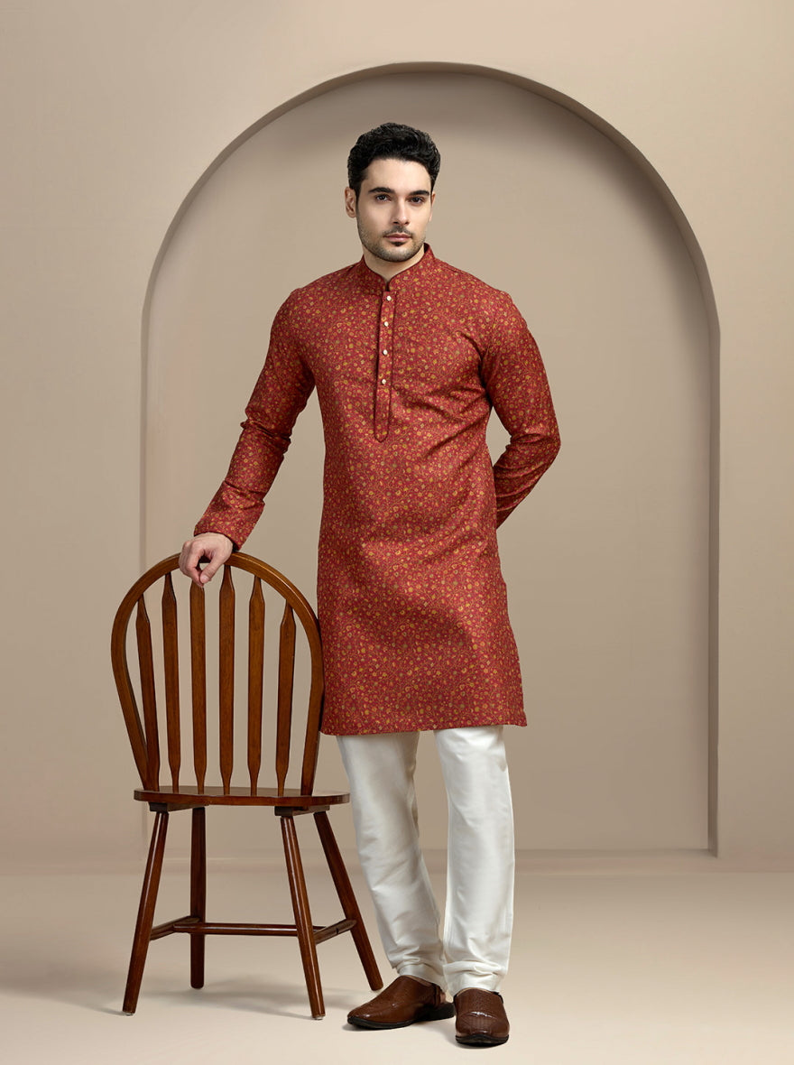 Dark Red Printed Kurta For Men
