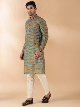 Rama & Olive Printed Kurta For Men