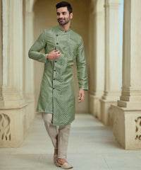 Green Printed Jacquard Kurta for Men