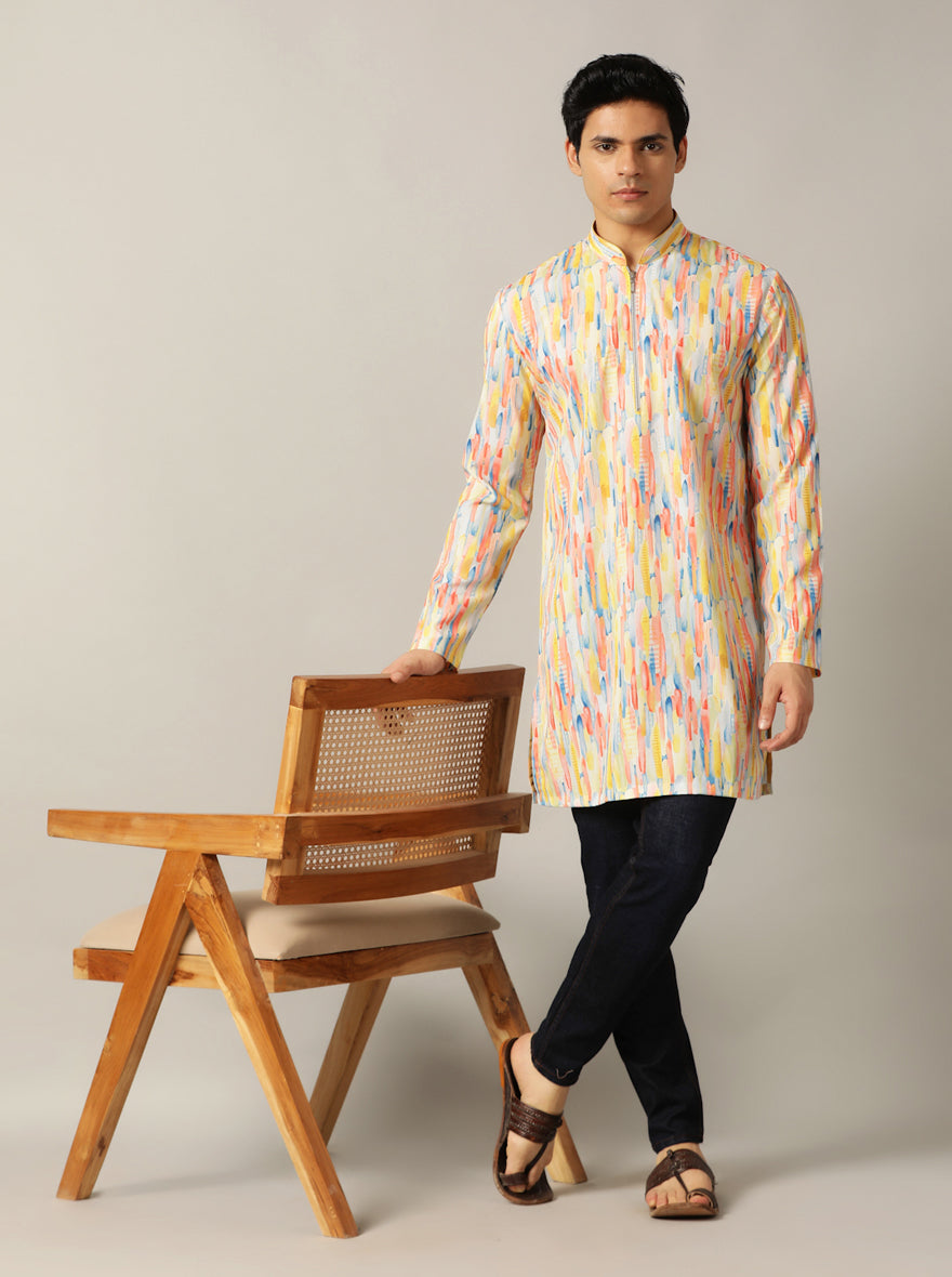 Yellow Multi Printed Kurta For Men