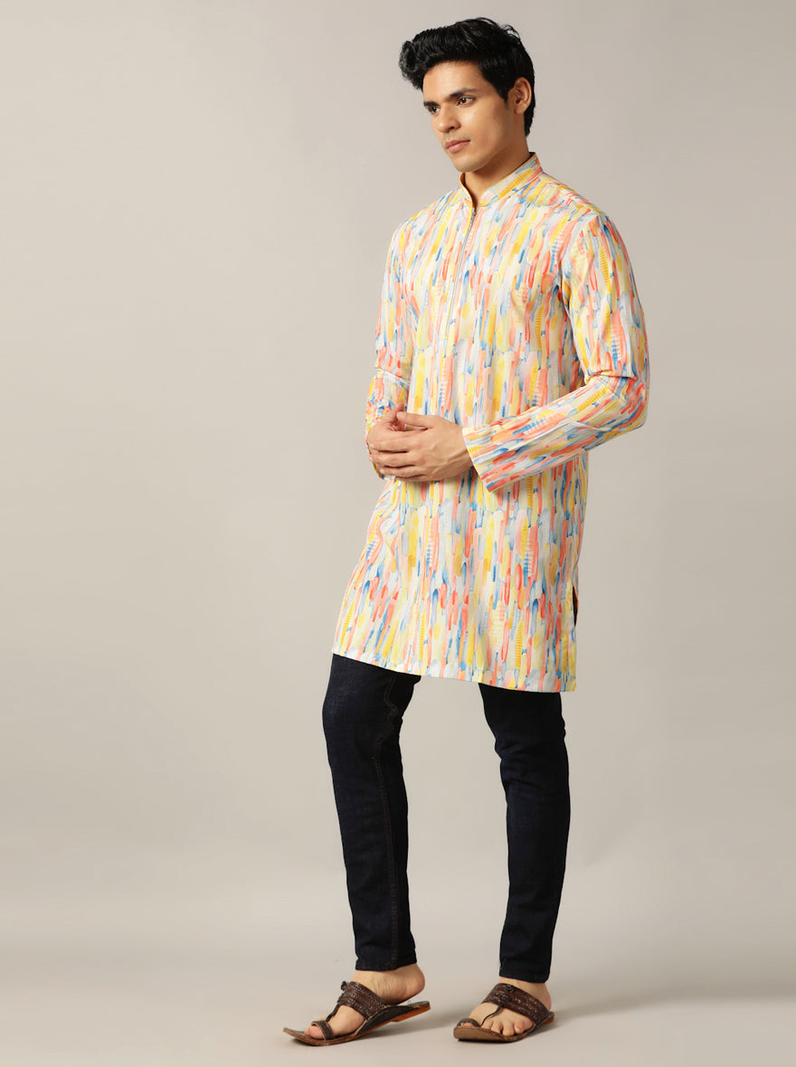 Yellow Multi Printed Kurta For Men