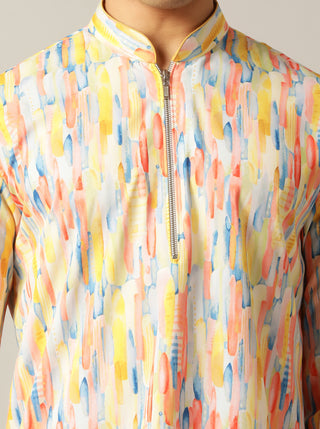 Yellow Multi Printed Kurta For Men