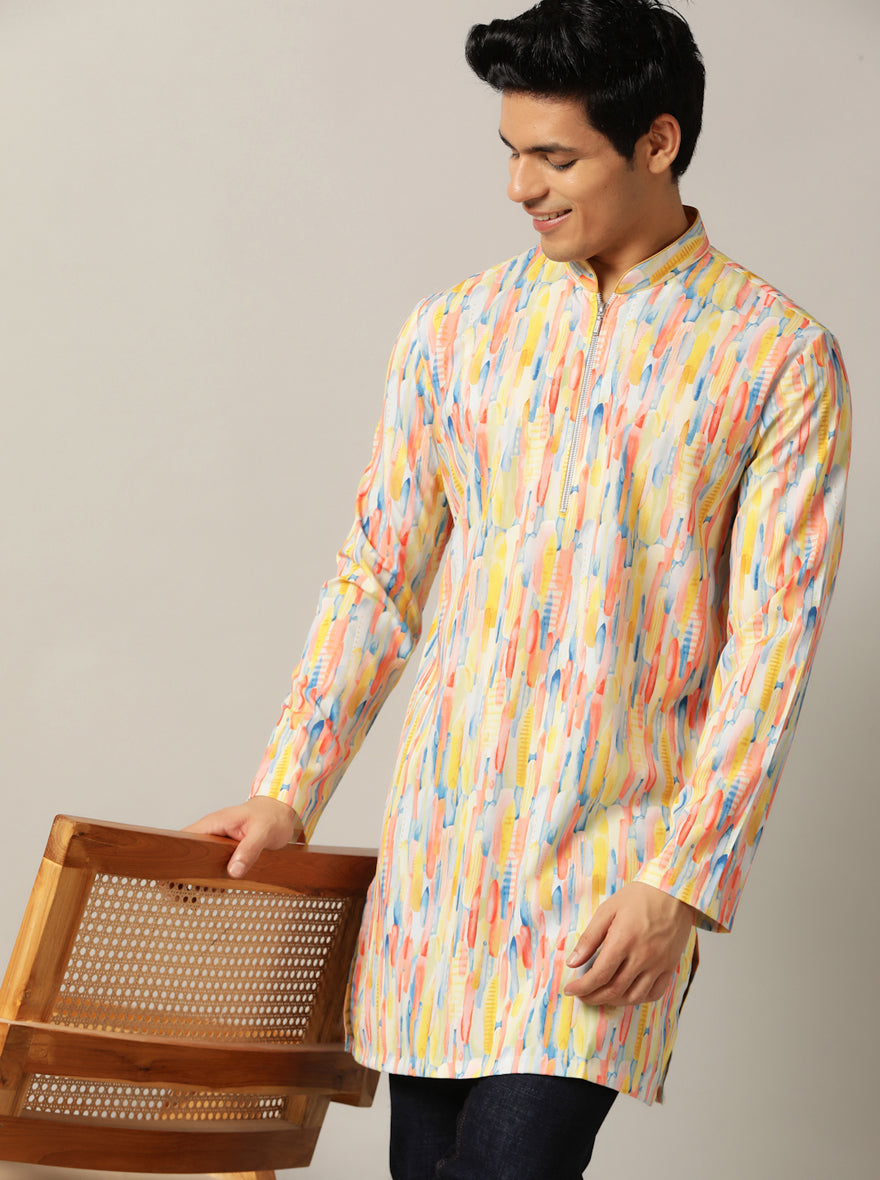 Yellow Multi Printed Kurta For Men