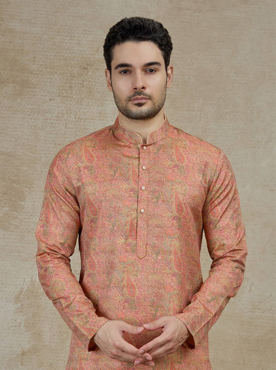 Peach Printed Kurta For Men